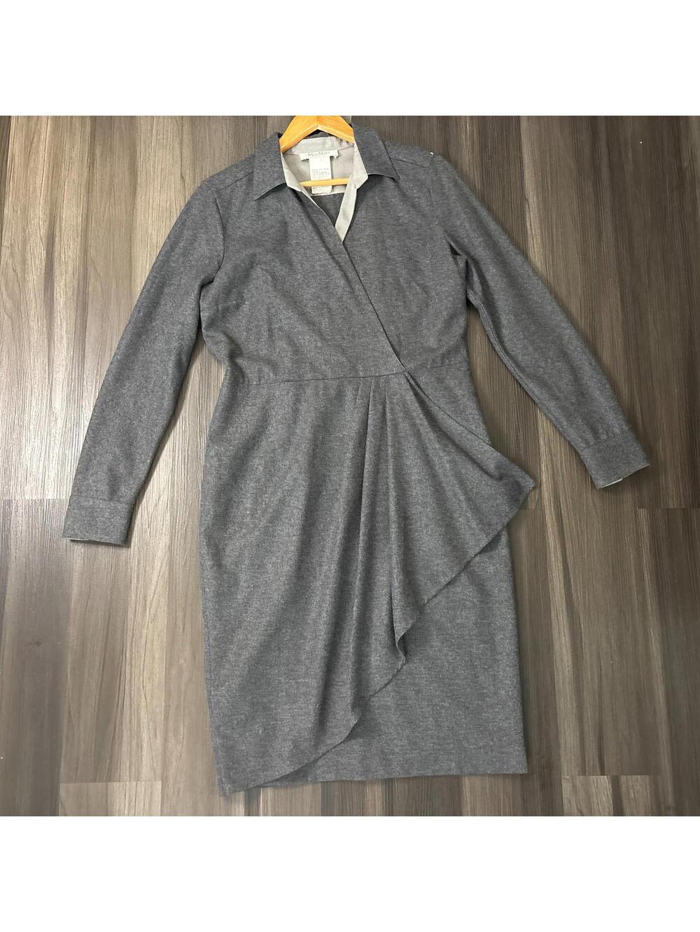 Max Mara Surplice Faux Wrap Sheath Dress Size 12 Gray Wool Long Sleeve V-Neck